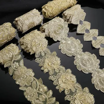 

1 Meter Champagne Gold Thread Flower Net Dress Lace Trimming Embroidery Lace Accessories 13cm Width Free Shipping