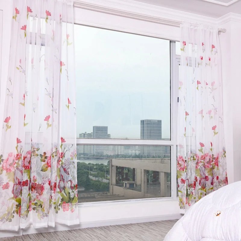 

Purple Flower Tulle Curtains for Living Room Bedroom Kitchen Sheer Window Treatment Modern Short Curtain Panel Drape