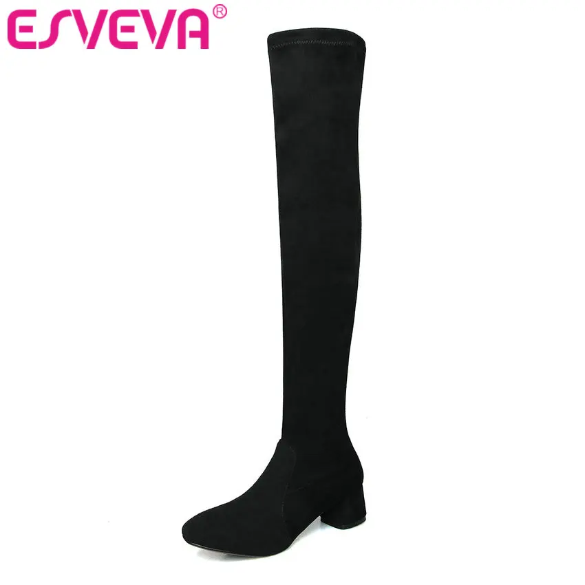 

ESVEVA 2020 Women Women Over The Knee Boots Winter Women Boots Square Med Heel Elastic Fashion Motorcycle Boots Size 34-42
