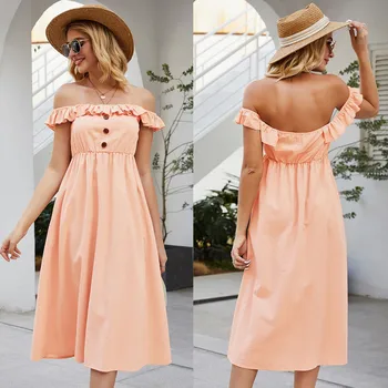 

Women's dress летнее платье женское summer bohemian Solid Color Button Ruffle Sleeveless Knee beach Dress Princess Dress