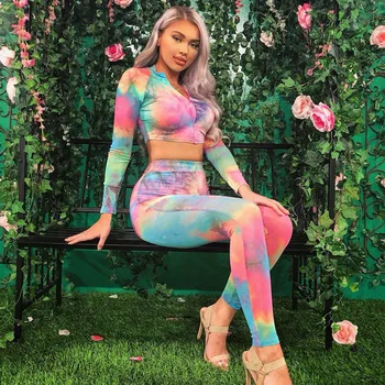 

yvlvol women 2 piece set tracksuit Autumn new tie-dyed zipper top casual fashion trouser suit 2019