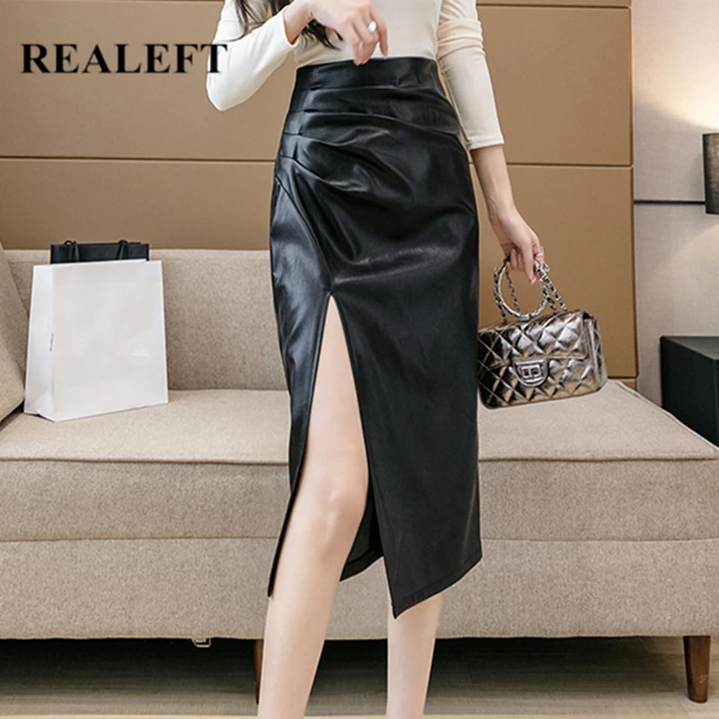 

REALEFT 2021 New Women's Black PU Leather Wrap Skirts Office Ladies High Waist Front Split Women's Midi Skirts Female Autumn