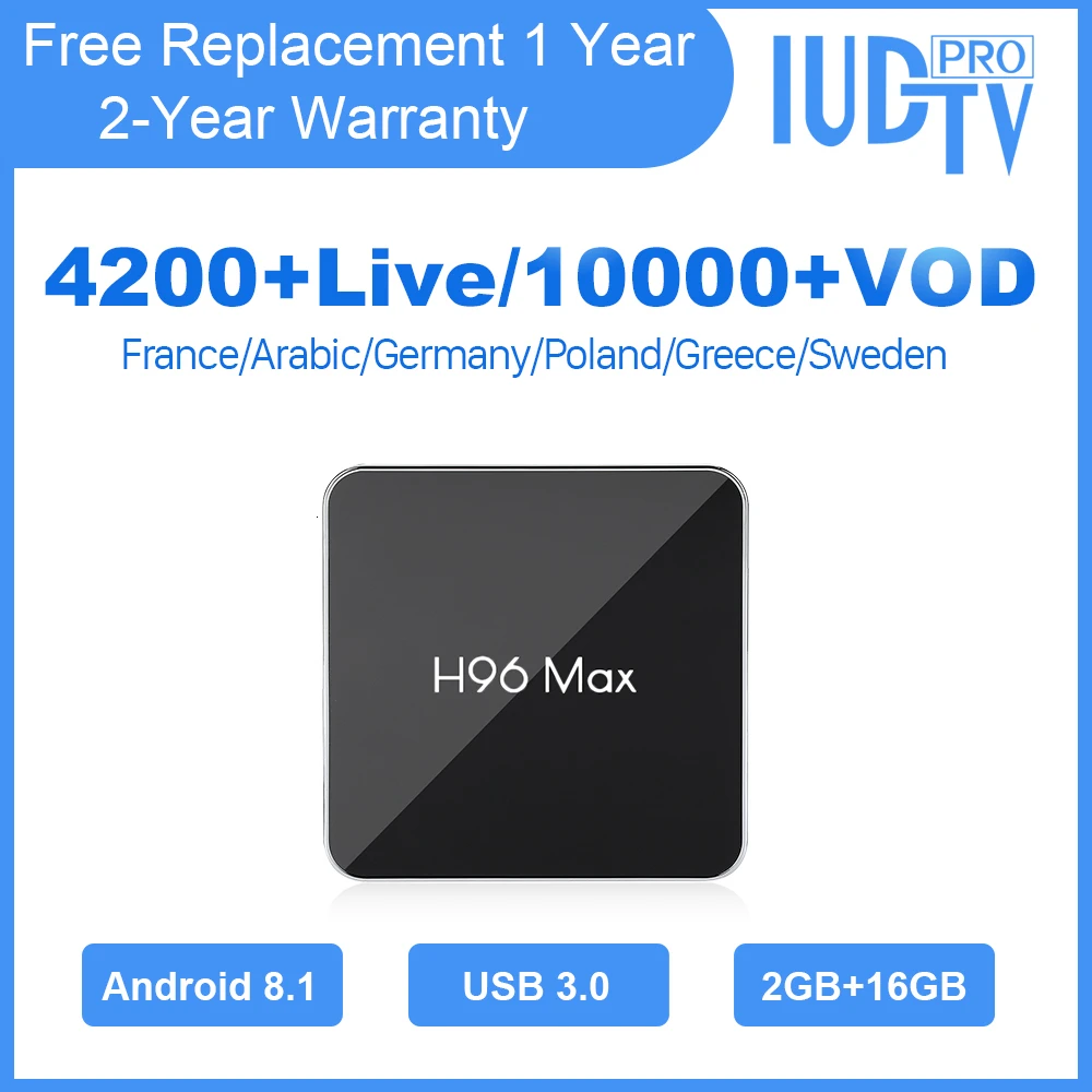 

IUDTV Pro IPTV Subscription Sweden France Arabic Box H96 Max Android 8.1 2G 16G IPTV Italy German Spain French Greek Turkey IPTV