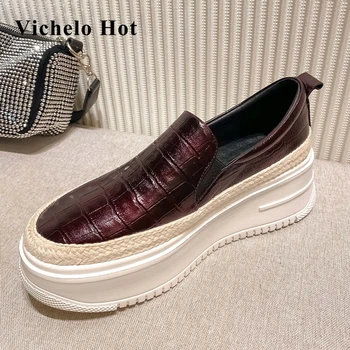 

Vichelo Hot leisure gingham cow leather round toe thick bottom platform sneaker convenient daily wear vulcanized shoes women L51