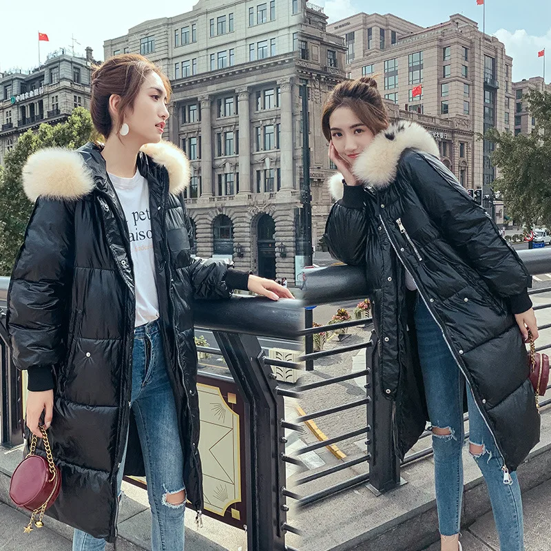 

2019 Winter Korean-style Slim Fit CHIC Cotton-padded Clothes Women's Long Pu Waterproof Padded Warm Cotton Coat Bright Surface C