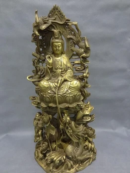

zmru wholesale factory 18" Chinese Pure Brass Dragon Phoenix Guan Yin Child Lotus Kwan-Yin Pot Statue 25% off