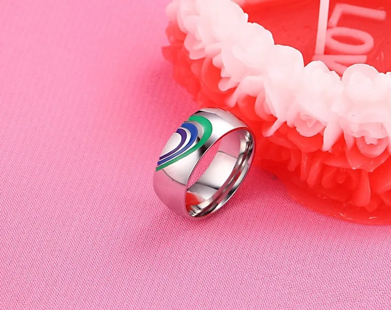 Простое серебряное кольцо для влюбленных, нержавеющая сталь, цвет радуги, эмаль, сшитое сердце, кольца для мужчин и женщин, свадебные ювелирные изделия, Bague - Цвет основного камня: Men