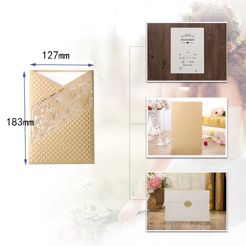 50pcs Blue Gold Laser Cut Flora Wedding Invitation Card Elegant Lace Rose Greeting Cards Custom Birthday Wedding Party Supplies