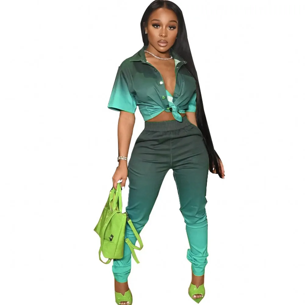 2 Piece Suit Summer African Women Sexy Gradient Multi - Color New Fashion Suit Short Sleeve Shirt Long Pencil Pants Casual Suit