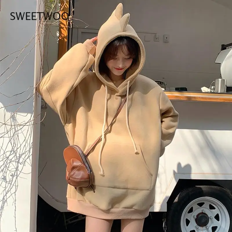 

Весенние милые толстовки Harajuku Kawaii, Женский пуловер большого размера с капюшоном и рогом динозавра, топ для лучших друзей