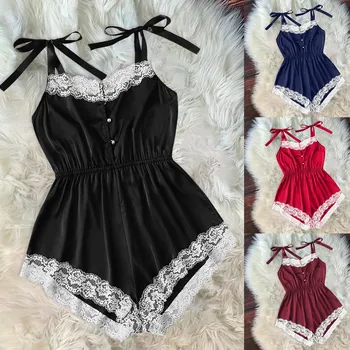 

New Fashion Sexy Clothes Bodysuit Jumpsuit Lace Satin Silk Sleeveless Sleepwear Lingerie Underwear Vestido para dormir W5