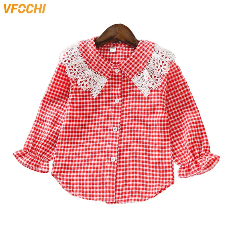 Vfochi 2021 New Girls Blouse Kids Tops Plaid Lace Collar Girls Long Sleeve Shirt Children
