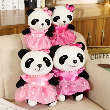 

1pc cartoon plush panda stuffed animals toy plush panda with dress dolls for kids holiday birthday Xmas party gifts