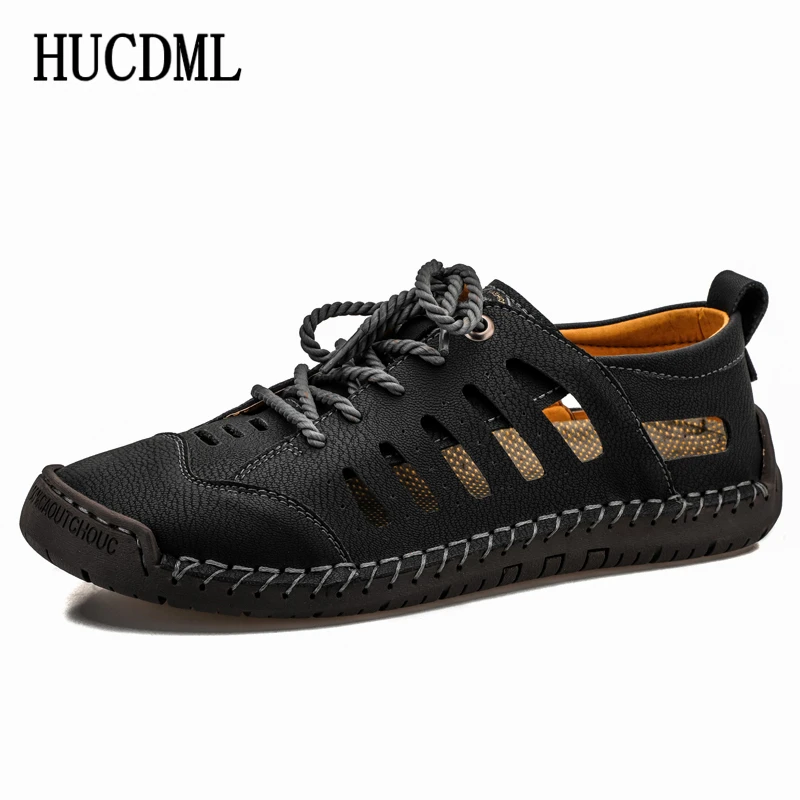 Туфли HUCDML мужские кожаные дышащие мягкие мокасины плоская подошва на шнуровке