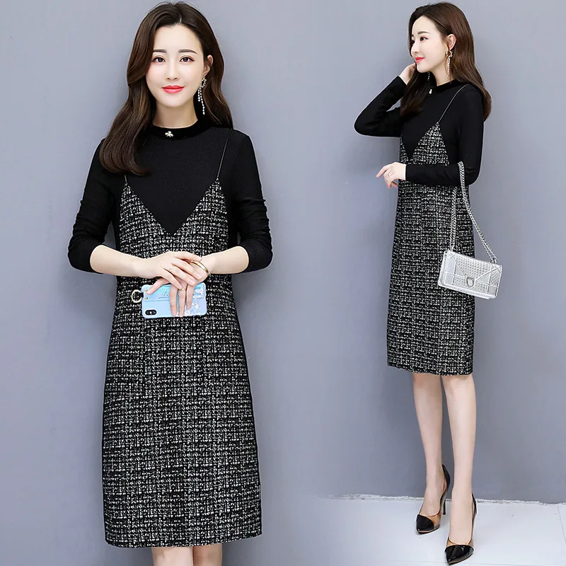 

2019 Spring New Style Korean-style Loose-Fit High Collar Vest Dress Long Sleeve Mock Two-Piece Skirt