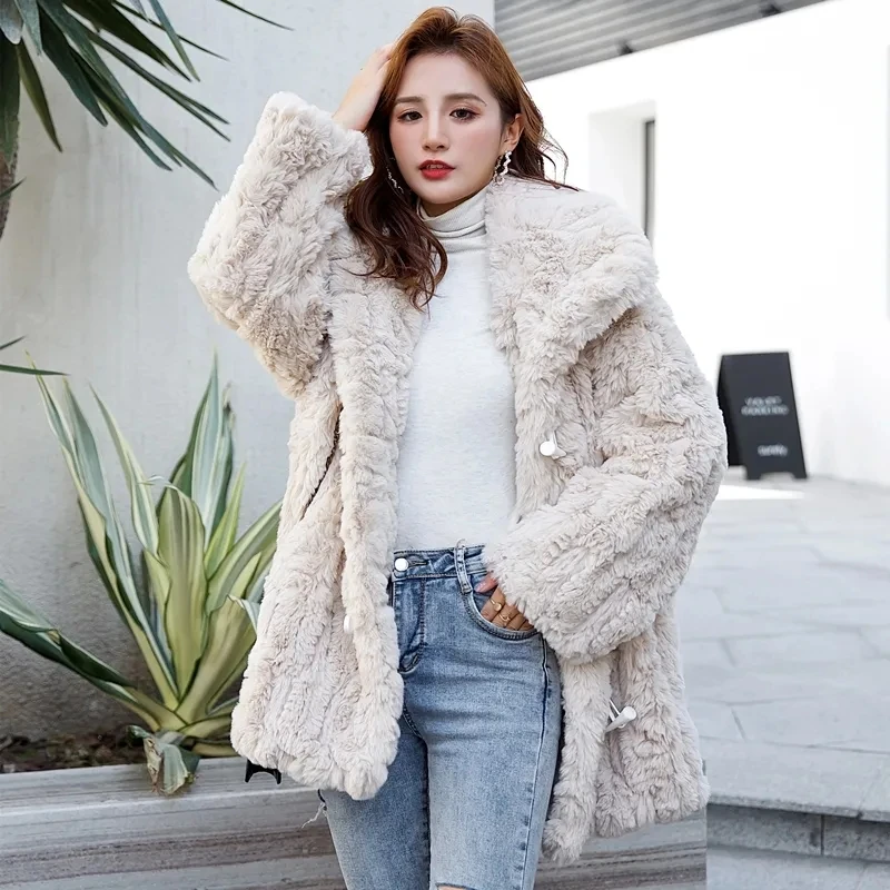 

Winter Faux Fur Coat Women Horn Button Turn-down Collar Warm Faux Fur Jacket Coats Loose Winter Coat Outwear casaco feminino