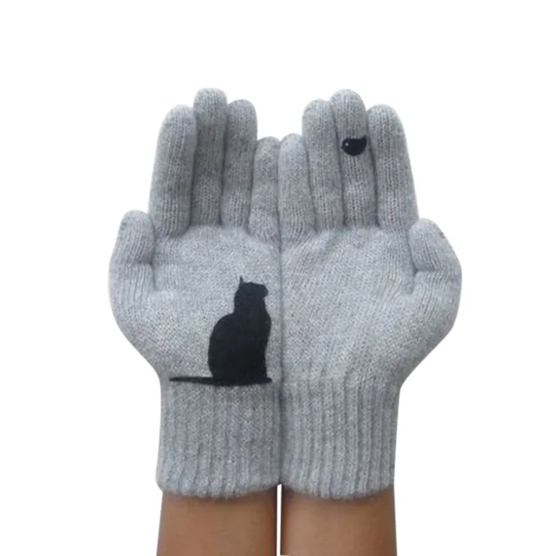 Модные женские перчатки с рисунком кота и птицы; сезон осень-зима; теплые кашемировые толстые милые новые перчатки
