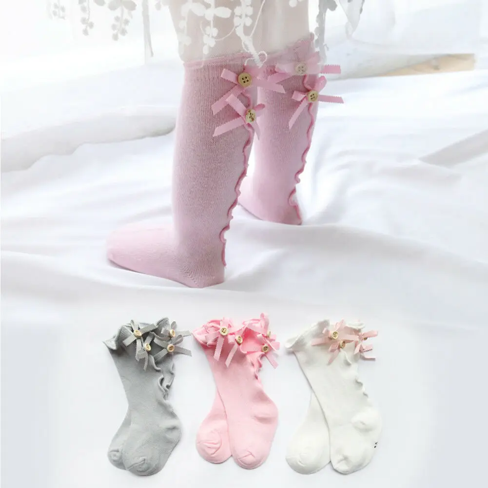 Красивые носки для новорожденных девочек и мальчиков; однотонные хлопковые носки до колена с рюшами и бантом; 6 цветов