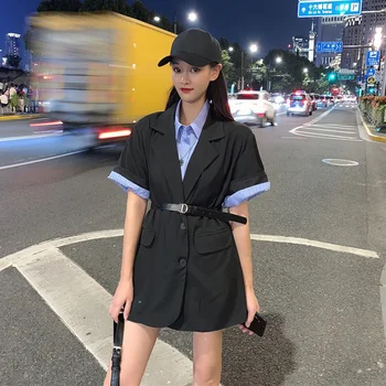 

Women Blazers Woman Notched Collar Coat Short Sleeve Mid-length Top Skinny Single-breasted Female Casual Outwear