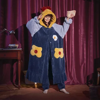 

New cartoon Coral velvet pajama woman keep warm winter velvet thickened flannel hooded home suit extended pajamas