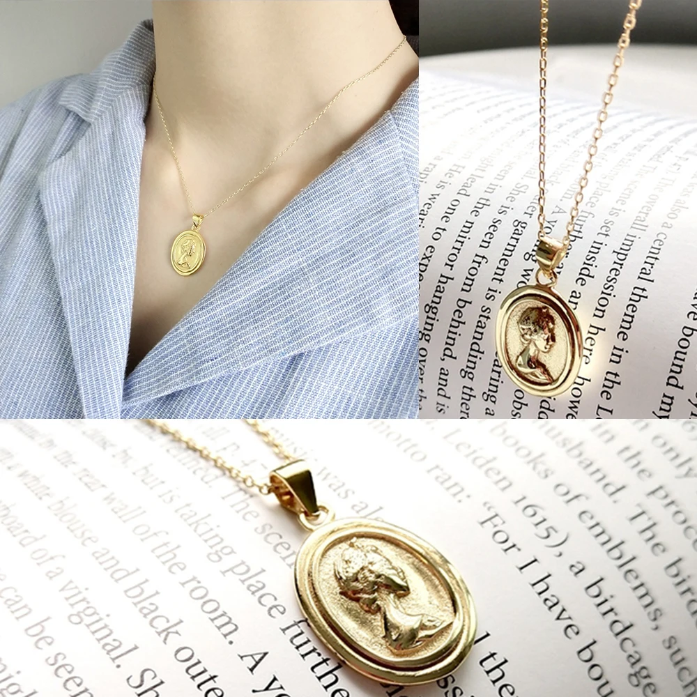 Portrait Gold Medallion Round Coin Pendant Choker Necklace Large Disc Necklace S925 Silver Personalized Necklace Boho Jewelry - Окраска металла: F1484