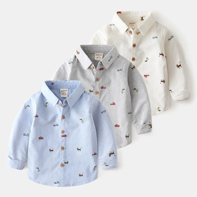 Boys Long Sleeve Shirts Cotton Oxford Car Printing Autumn