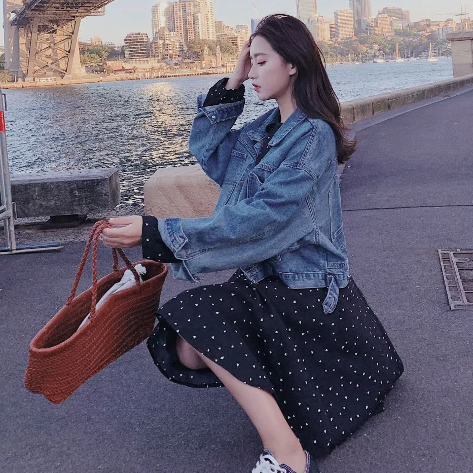 

Photo Shoot CHIC Korean-style Simple BF Fold-down Collar Single Breasted Long Sleeve Cowboy Short Jacket Women's Slimming Loose