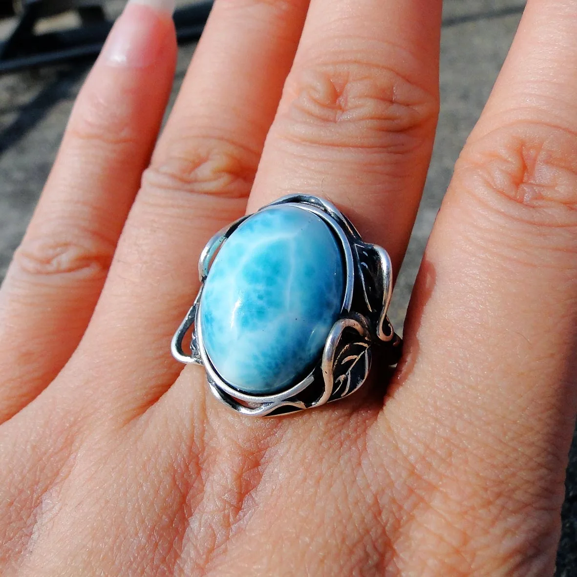 Cabochon ovale en argent Sterling 925, magnifique bague en Larimar naturel, 13x18mm