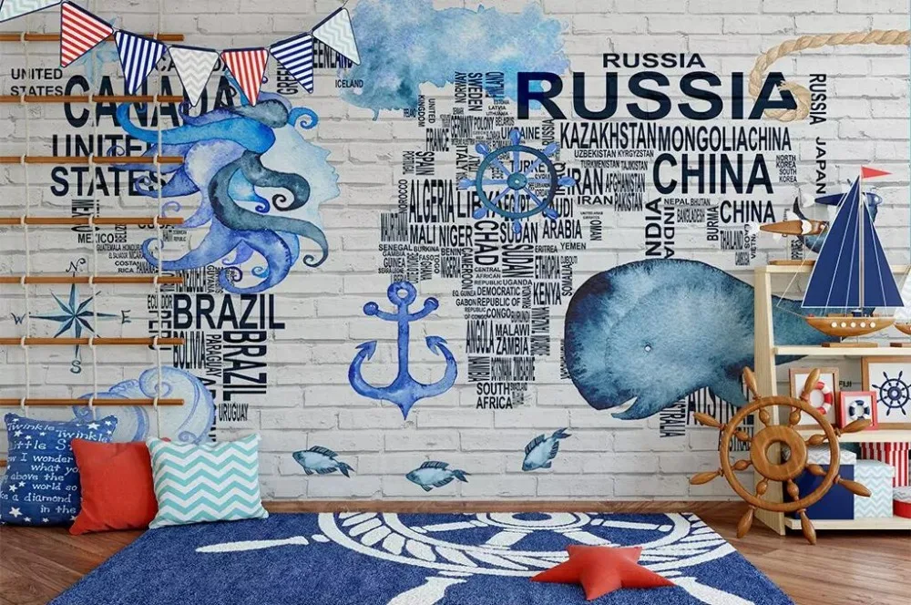 CJSIR Mural Wallpaper Watercolor Nautical Icon World Map Children Room Background Wall Living Bedroom 3d Decor | Обустройство дома