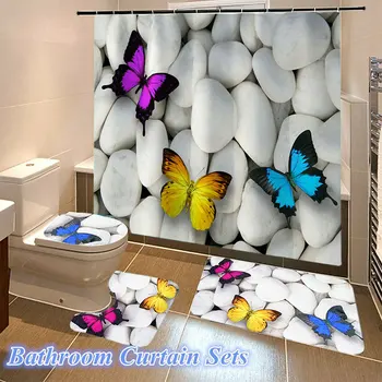 

4pcs Shower Curtain Accessories Toilet Cover Polyester Decorative Butterfly Pattern Water Absorb Bathroom Washable Rugs Mat Set