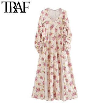 

TRAF Women Chic Fashion Floral Print Midi Dress Vintage Drawstring Three Quarter Sleeve Slit Female Dresses Vestidos