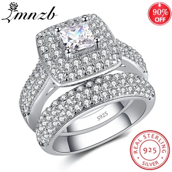 

LMNZB 100% 925 Sterling Silver Wedding Engagement Rings Set 2 PCS With Full Shiny Cubiz Zircon Stone Gift Jewelry LR149