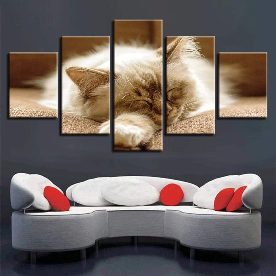 Painting HD Prints Home Decor 5 Pieces Animal Wall Art Cat Lovely Modular Pictures For Kids Room Canvas Framework Artwork Poster | Дом и сад