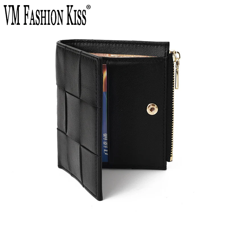 

2021 New Men Wallets 100% Leather Top Baby Sheepskin Short Money Clip Fashion Woven Luxury Brand Wallet Simple Business