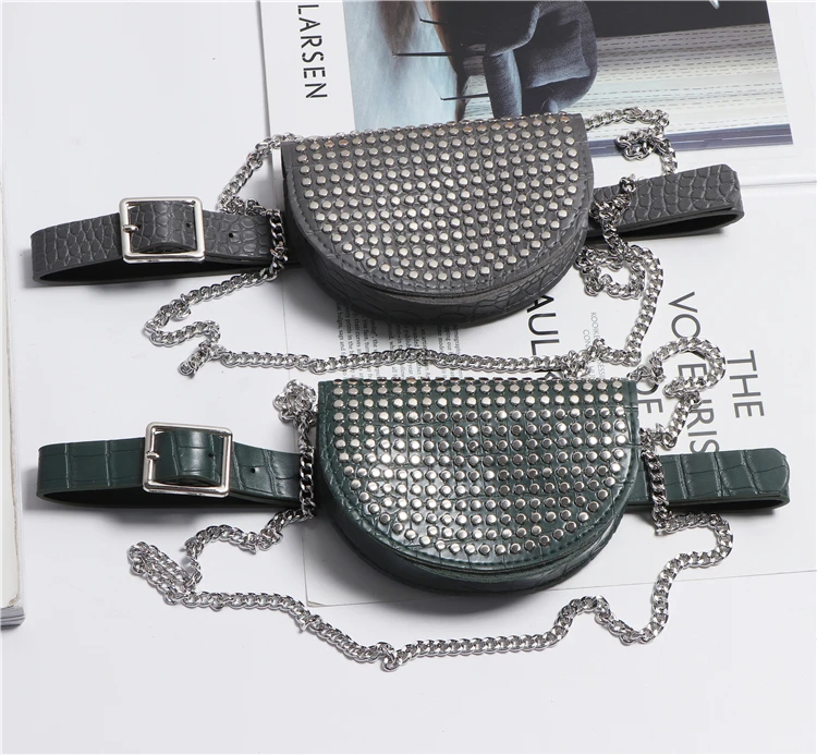 Женская мода blingbling Шипованная поясная сумка ремень сексуальный клуб PU+ ремень с цепочкой панк дизайнерские ремни Новинка черный белый серый зеленый