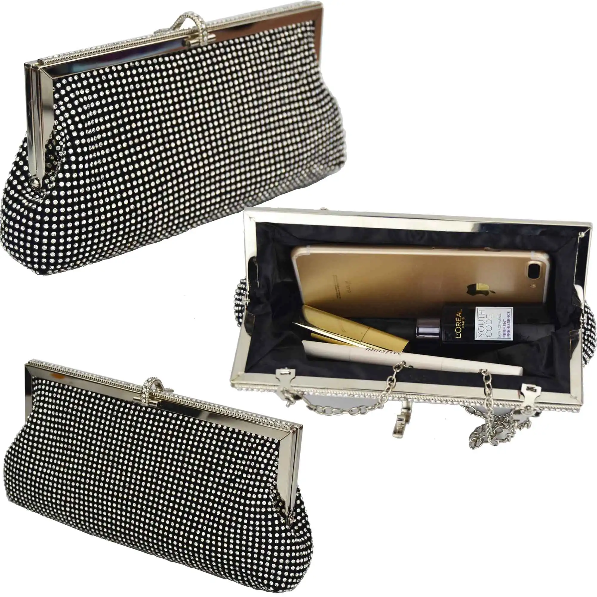 

Classic Black Crystal Diamond Shoulder Soft Bags ChainShoulder Handbag Bridal Party Clutch Elegant Formal evening dress Purse