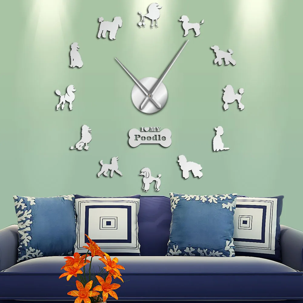Online Pudel Große Hand Moderne Wanduhr Pudelhund DIY Riesen Wanduhr Esszimmer Wand Decor Caniche Spiegel Effekt DIY Große wand Kunst
