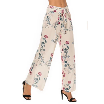 

Women's Summer Casual Retro Print Bohemian Wide Leg Pants Beach Holiday Pants With Bow Belt High Waist Wide Legs Trousers