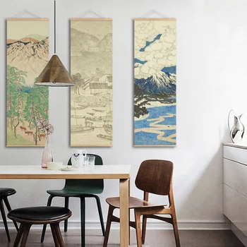 

Nearly Eight River Scene Canvas Painting Wall Hanging with Scroll Japanese Painting Landscape Art for Living Room Office Decor