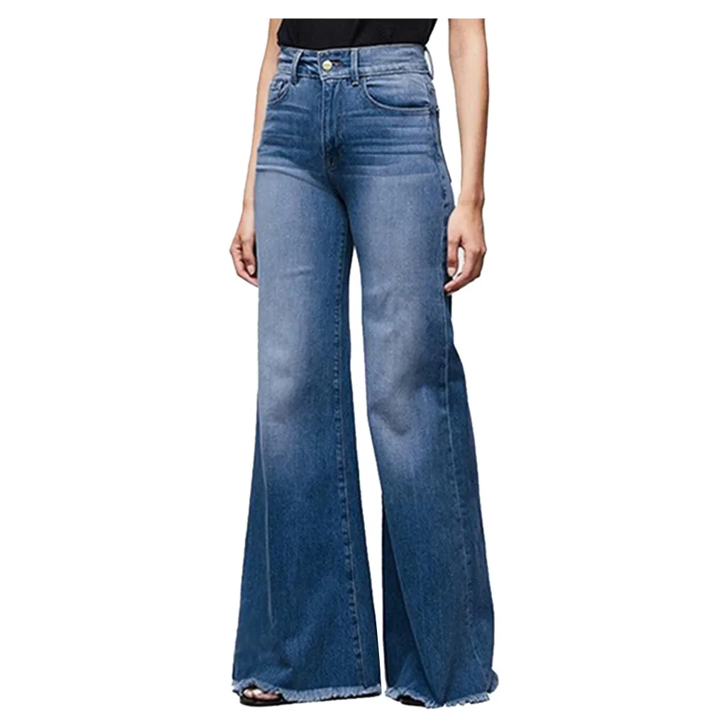 Модные Винтажные женские джинсы женские Ретро рваные джинсы Широкие брюки женские случайный звонок-Брюки расклешенные брюки женские# J30