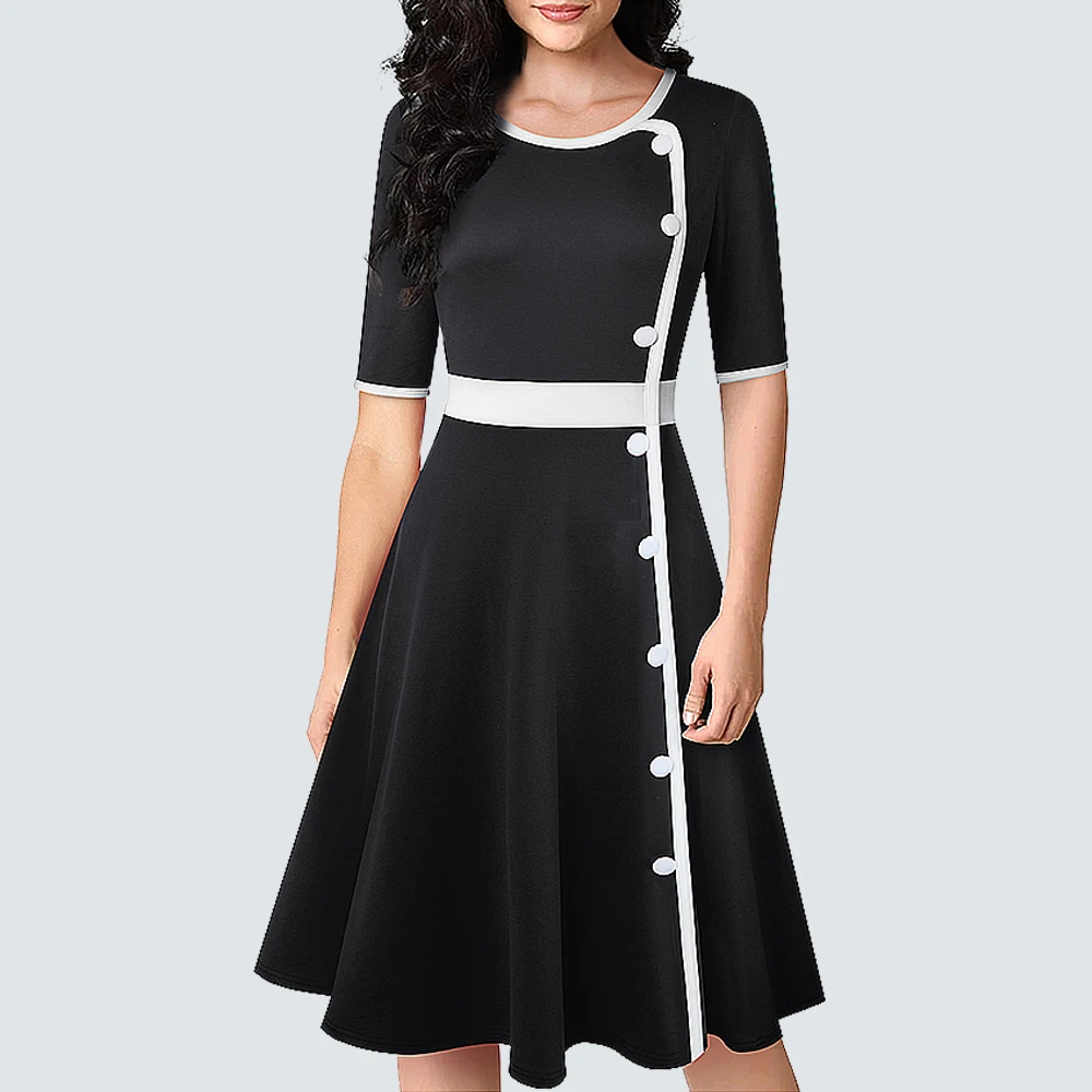 

Women Elegant Chic Side Buttons Party Casual O Neck Fashion Brief Slim A Line Dress HA228