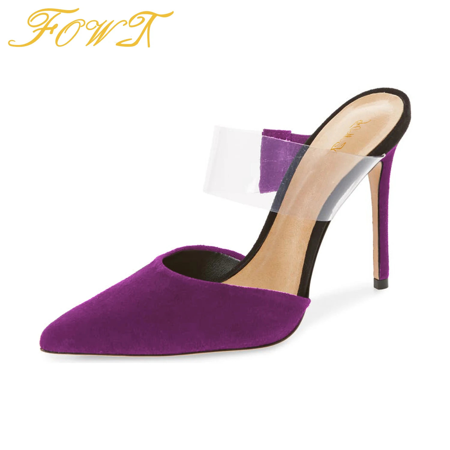 

Transparent PVC High Thin Heels Women's Slippers Pointed Toe Outside Mules Ladies Mature Sexy Summer Shoes Big Size 38 39 FOWT