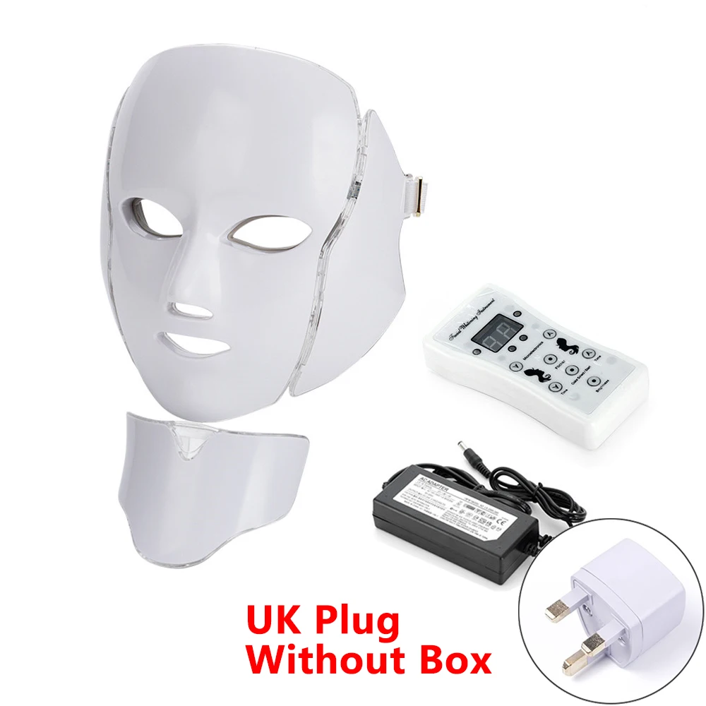 UK Plug no Box 7 цветов Светодиодная фотонная терапия маска для лица с шеей отбеливающая омоложение кожи против морщин, акне косметический аппарат спа для лица - Цвет: UK Plug no Box