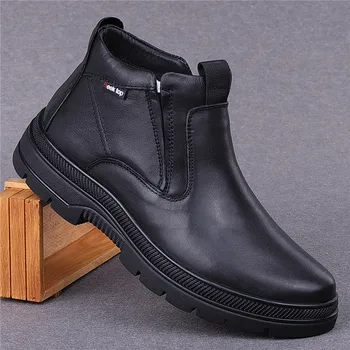 

men's leisure business wedding formal dresses outdoors snow boots warm fur winter shoes genuine leather boot plush ankle botas