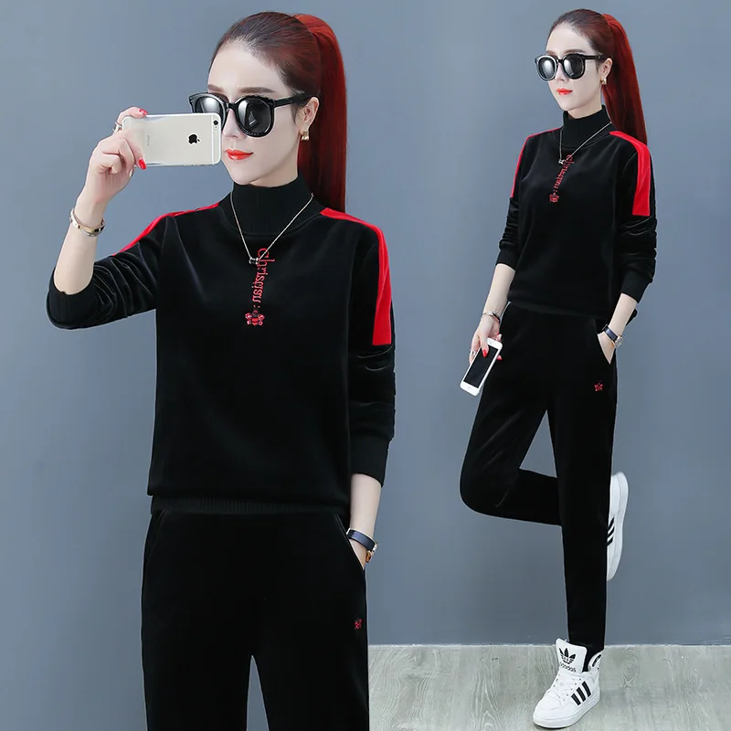

2019 New Style Gold Velvet Sports Set Hoodie Women's Thin Type for Spring And Autumn Not Balling up Wear Casual Two-Piece Set