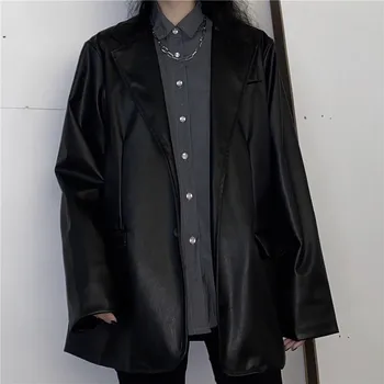 

2020 Black Faux Leather Suit Jacket Ladies Blazer Single Breasted Coat Korean Women Outwear