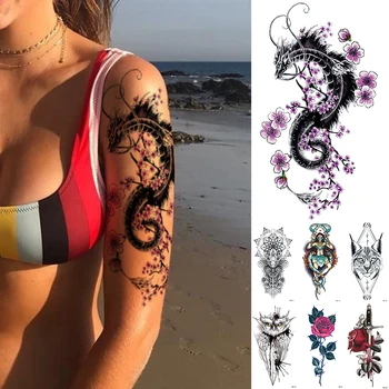 

Dragon Temporary Tattoo Sticker Lotus Rose Lace Flowers Flash Waterproof Tattoos Snake Body Art Arm Fake Tatoo Women Men