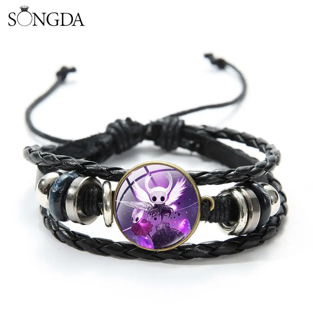 Game Hollow Knight Charm Bracelet Cute Cartoon Figure Glass Photo Dome Black Leather Bracelets Men Women Accessories Gift | Украшения и