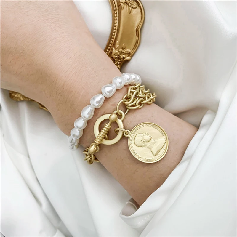 Peri'sbox массивная цепь браслет с застежкой матовые золотые Портретные браслеты барокко настоящая пресноводная жемчужина браслет для женщин