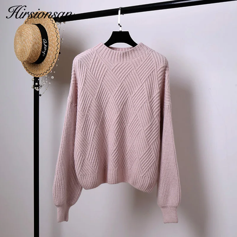 Hirsionsan Pull Femme 2019 Winter Autumn Oversized Knitted Cashmere Sweater Women Lantern Sleeve Diamond Basic Thicken Pullovers